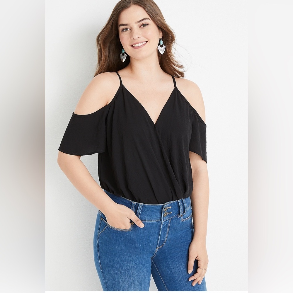🌸Maurices Black Cold-Shoulder Wrap-Front Bodysuit L